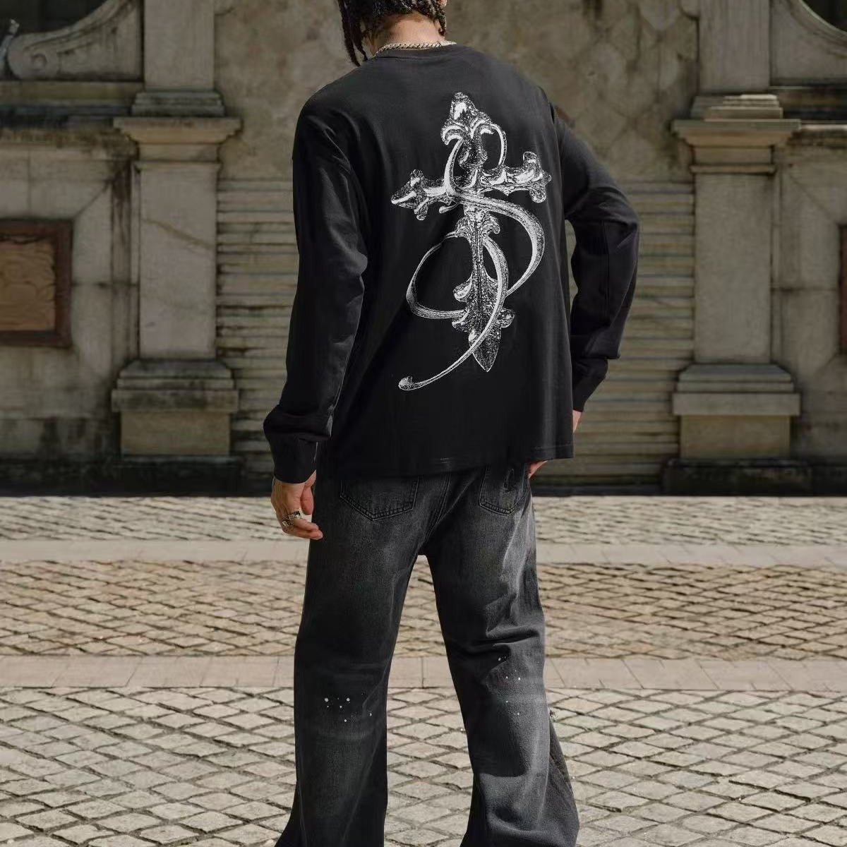 STK Vintage Black and White Cross Long-Sleeve T-Shirt