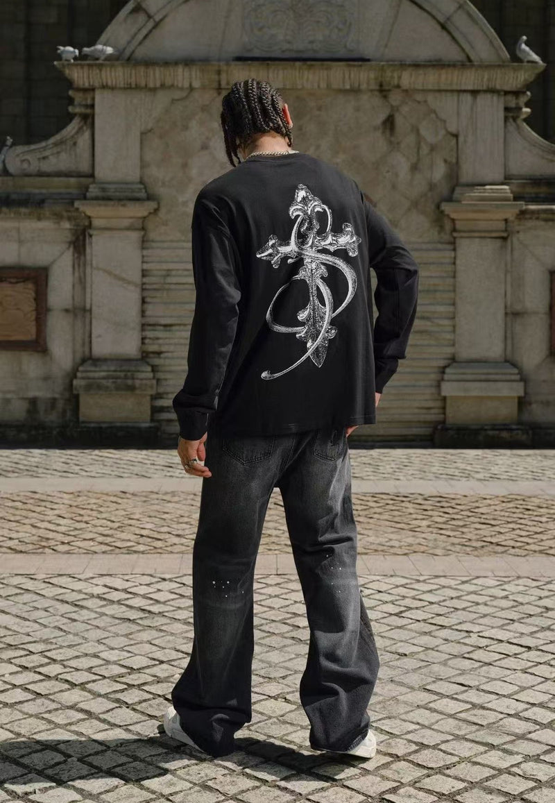 STK Vintage Black and White Cross Long-Sleeve T-Shirt