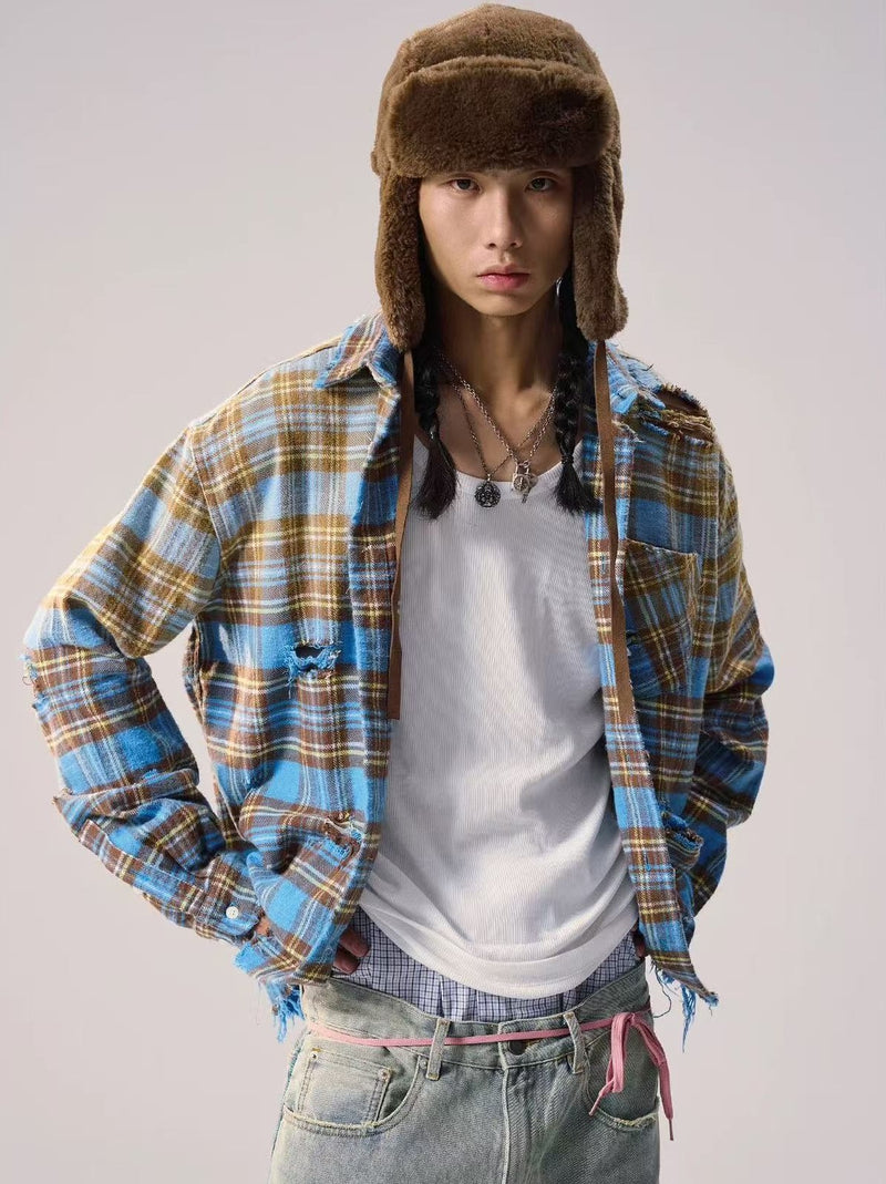 REMEDY Distressed Plaid Long-sleeve Shirt