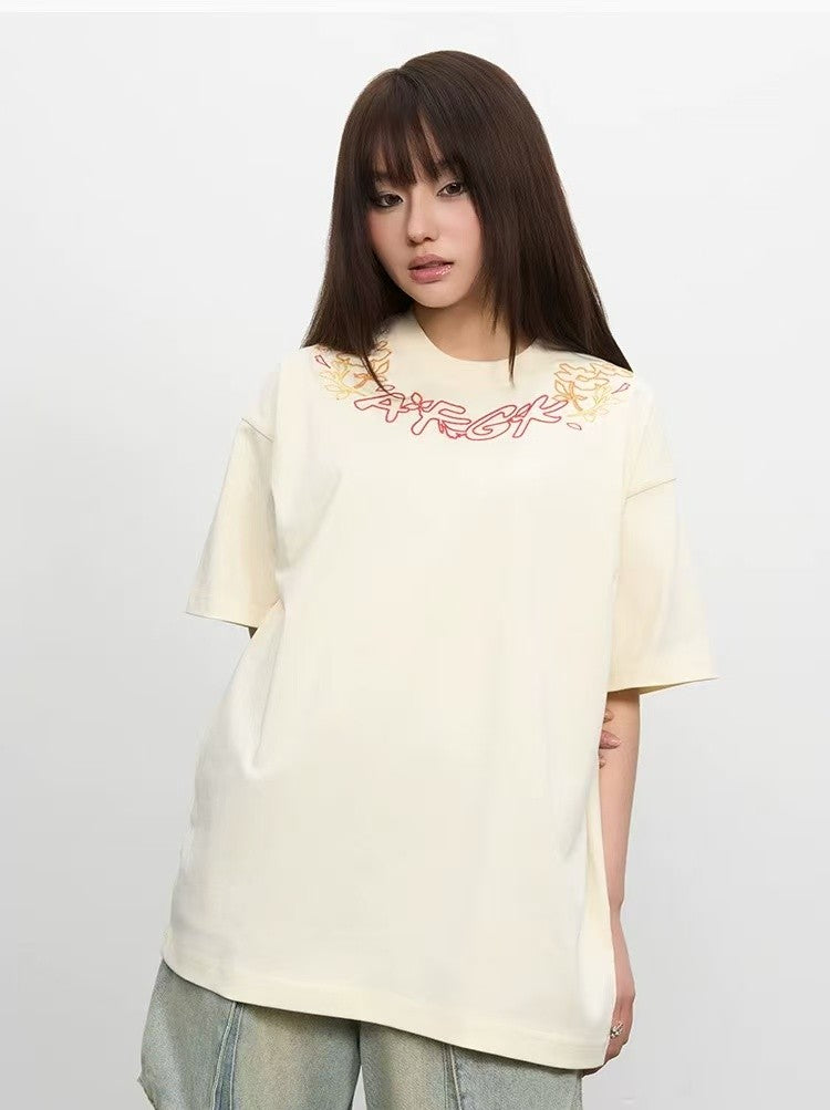 AFGK Floral Necklace Embroidered Short-sleeve T-Shirt