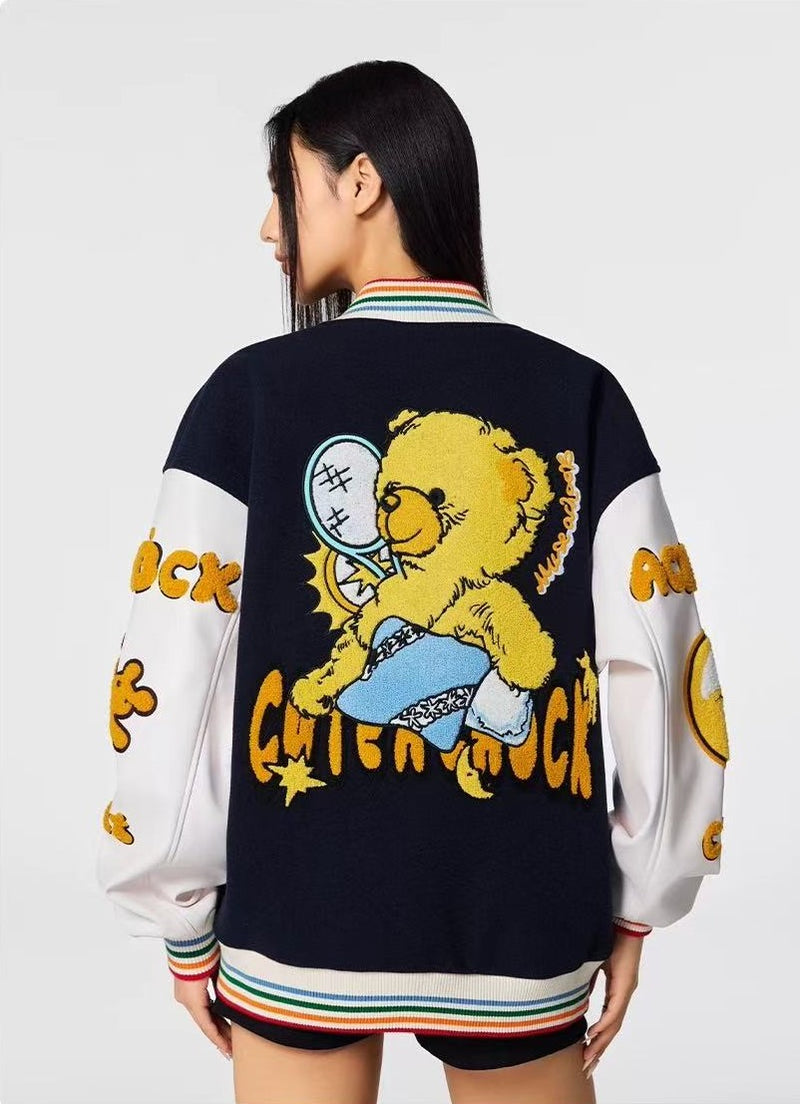 ACHOCK Crescent Bear Embroidered Baseball Jacket