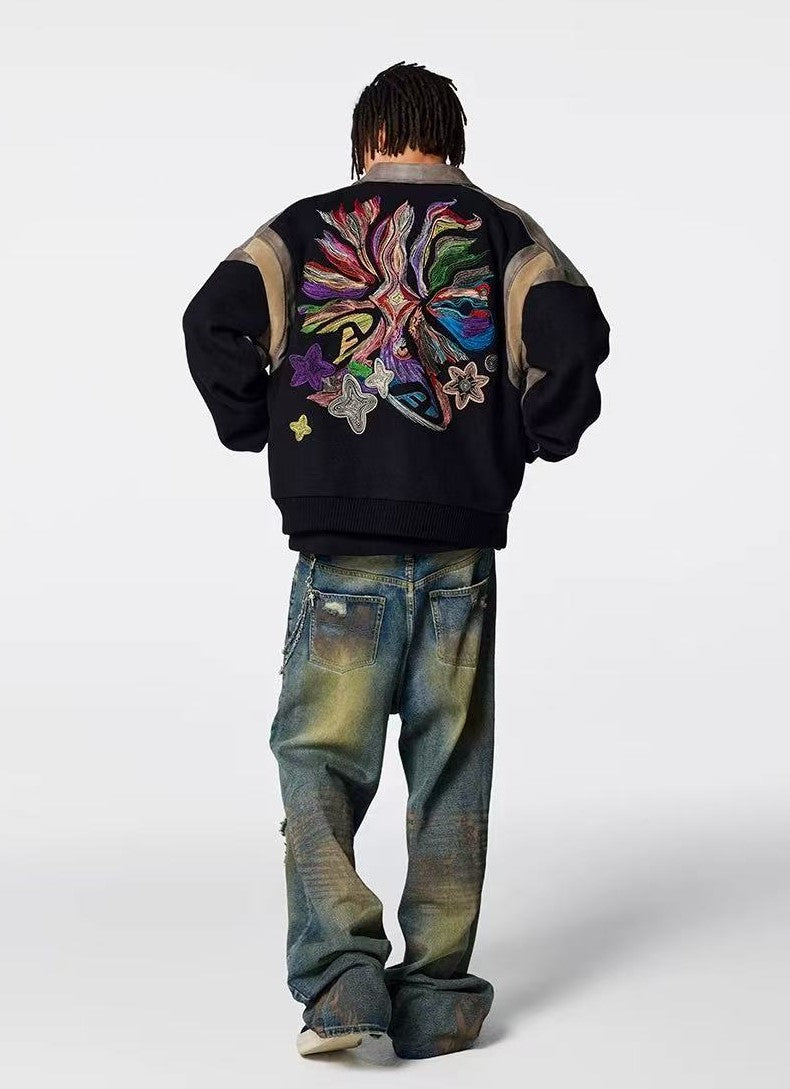 ACHOCK Heavy-duty Cartoon Embroidered Baseball Jacket