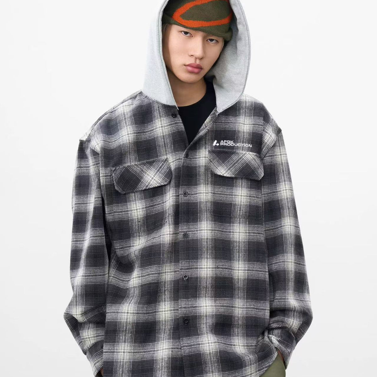 AFGK Vintage Plaid Hooded Long-sleeved Shirt