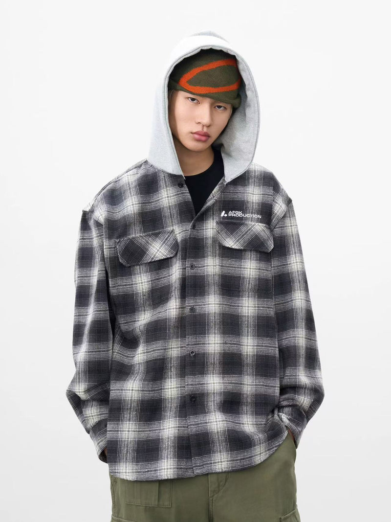 AFGK Vintage Plaid Hooded Long-sleeved Shirt