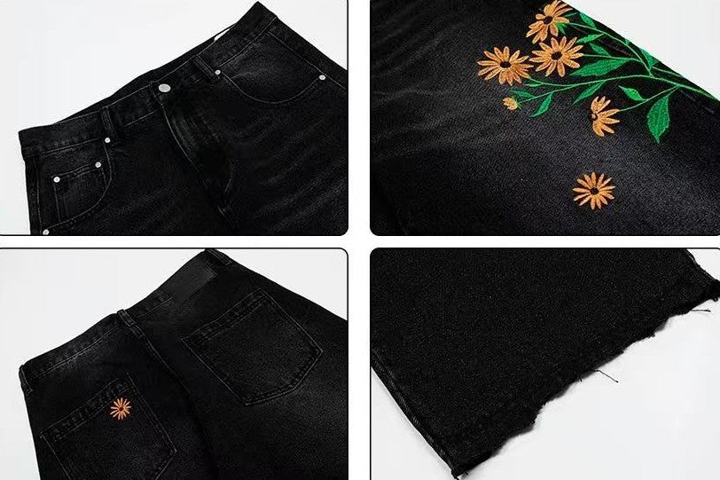 ACHOCK Heavy Wash Floral Embroidered Jeans