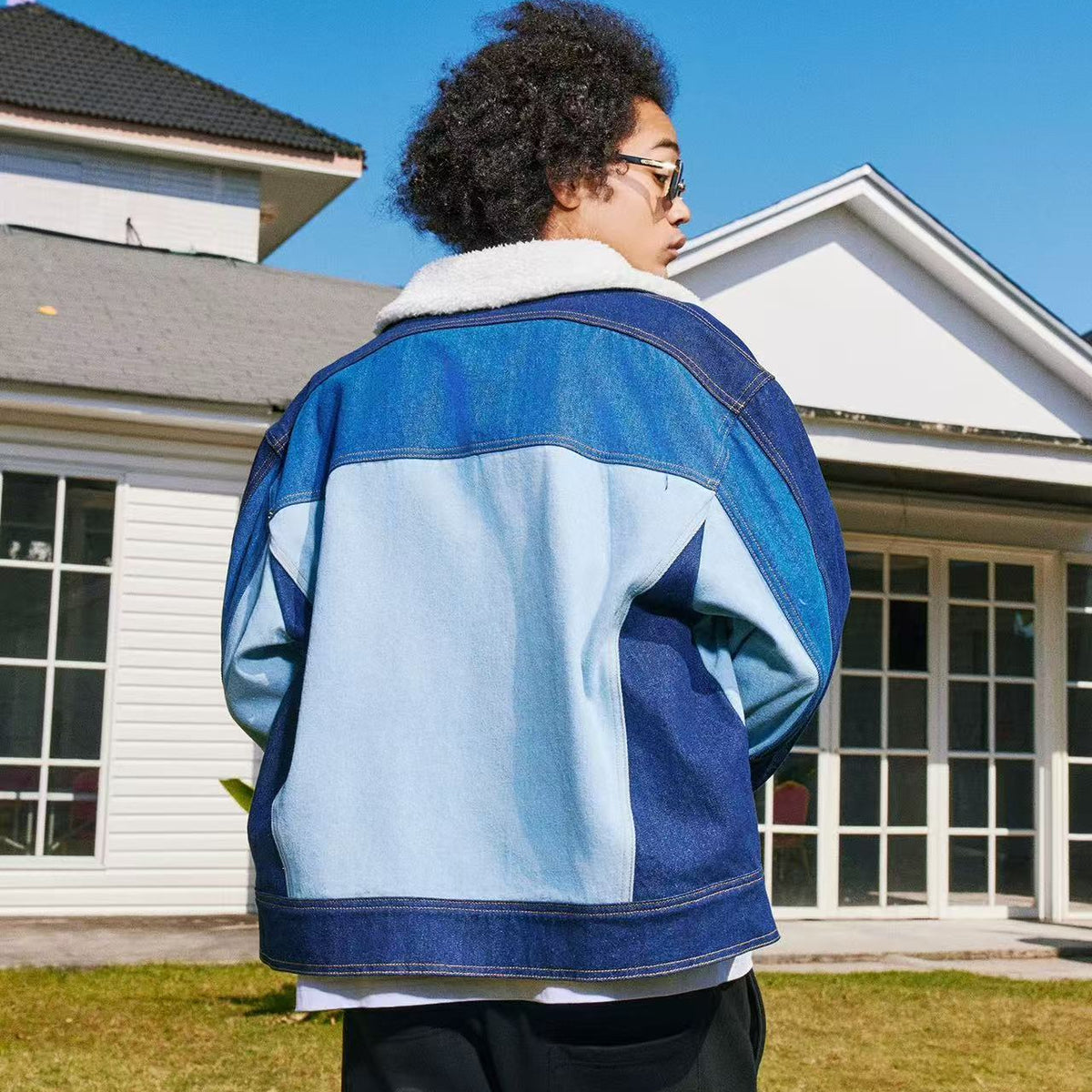 AFGK Spliced Fur Collar Denim Letter Embroidery Jacket
