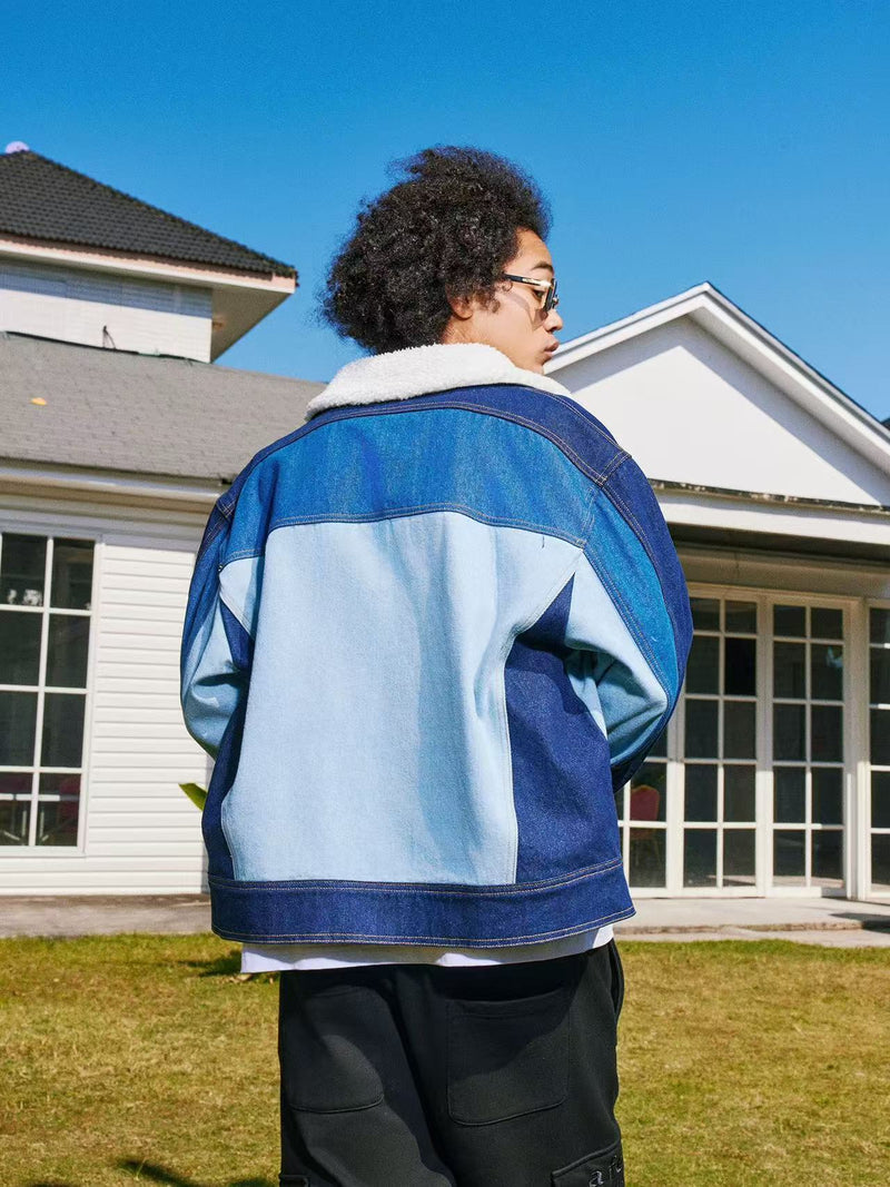 AFGK Spliced Fur Collar Denim Letter Embroidery Jacket