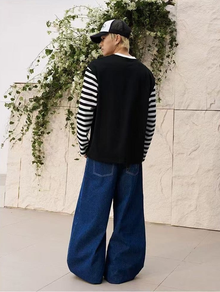 MEDM Contrast Collar Striped Long-sleeve T-Shirt