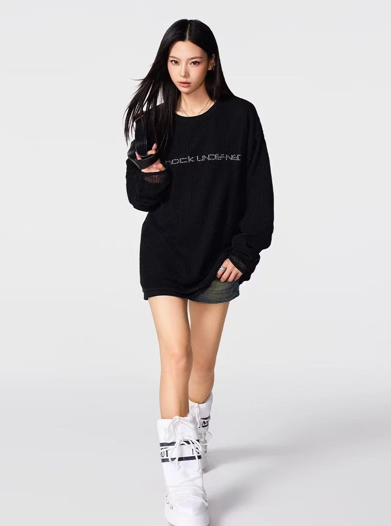 ACHOCK Fake Two-piece Heavy-duty Hollow Printed Long-sleeved T-shirt