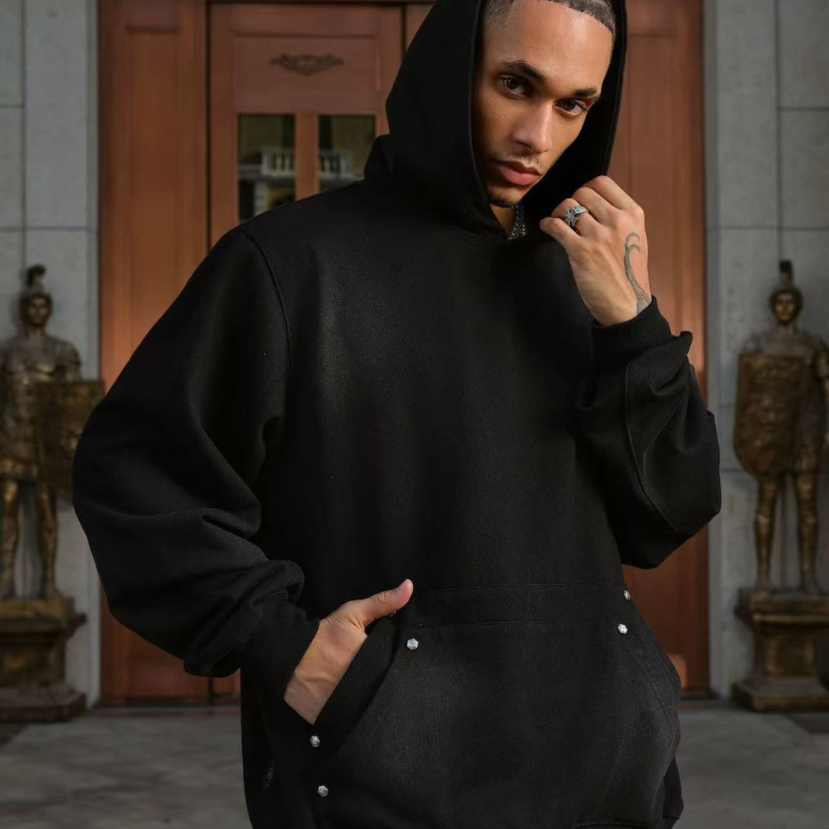STK Double Pouch Rivet Pocket Wash Hoodie