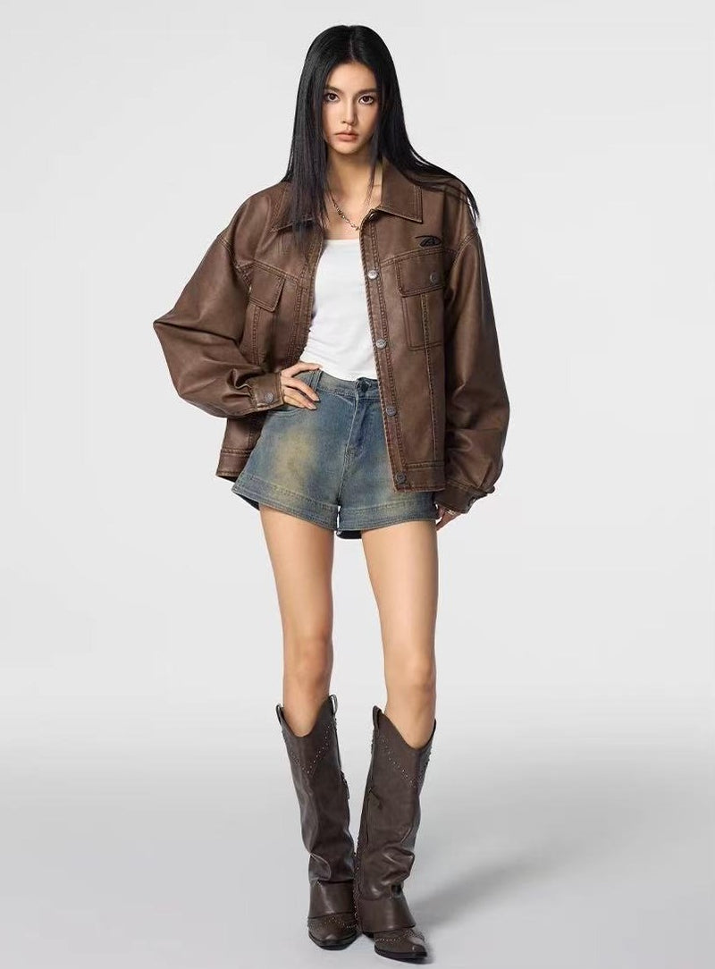 ACHOCK Vintage Washed Lapel Leather Jacket