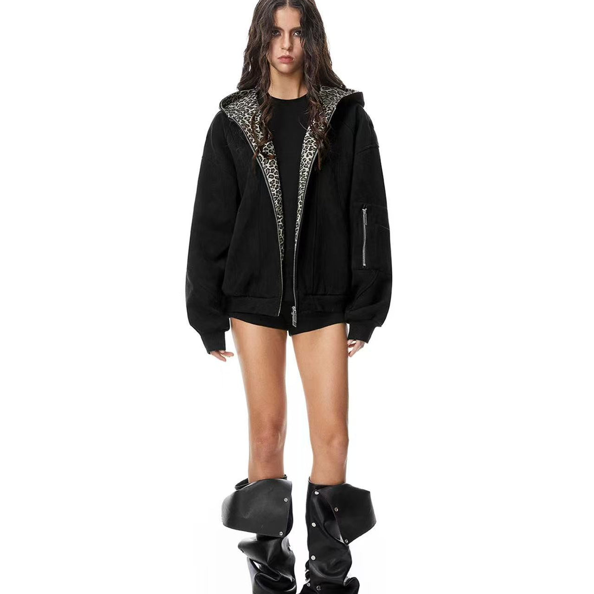 FDR Leopard Print Suede Hooded Jacket