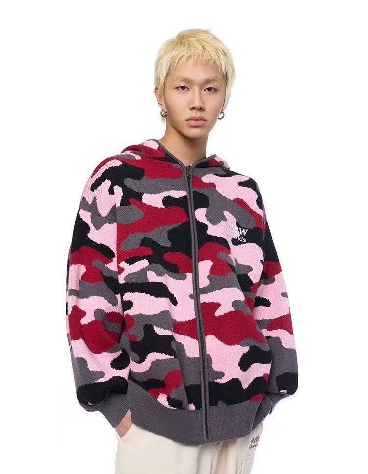 AFGK Pink Camouflage Hooded Cardigan Sweater