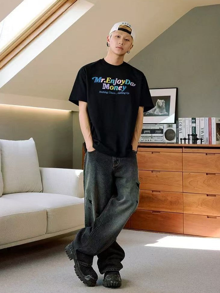 MEDM Macaron Color Letters Towel Embroidered Short Sleeve T-Shirt