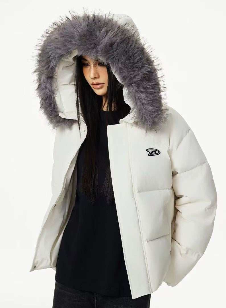 ACHOCK Logo Print Fur Collar Hooded Down Jacket