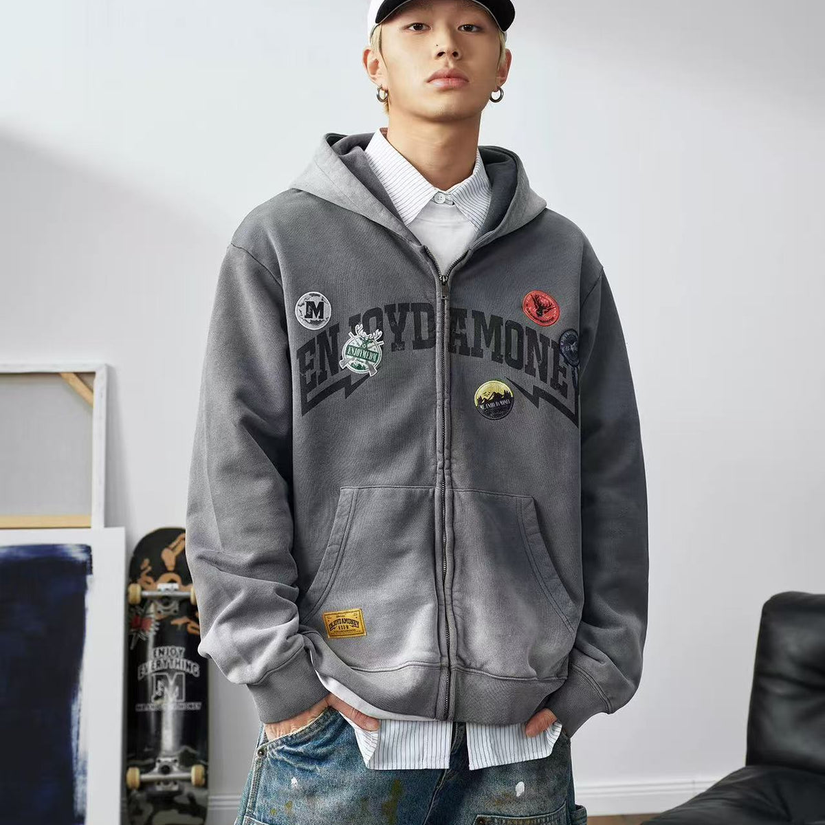 MEDM Hunting Theme Distressed Washed Zipper Hoodie