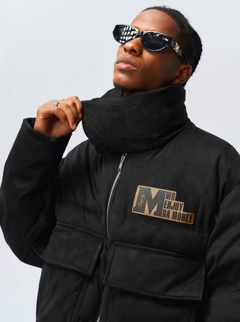 MEDM Logo Embossed Leather Label Scarf Down Jacket