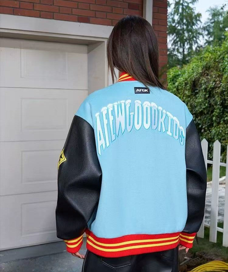 AFGK Snowy Terry Embroidered Contrasting Color Baseball Jacket