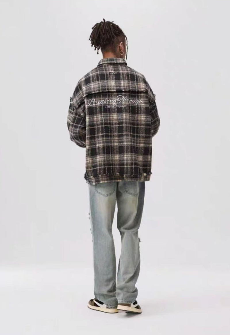 ATRY Washed Distressed Vintage Plaid Raw Edge Jacket