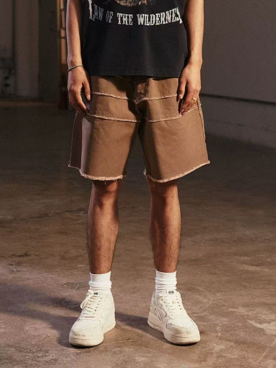 REMEDY Destroyed Fringe Paneled Denim Shorts
