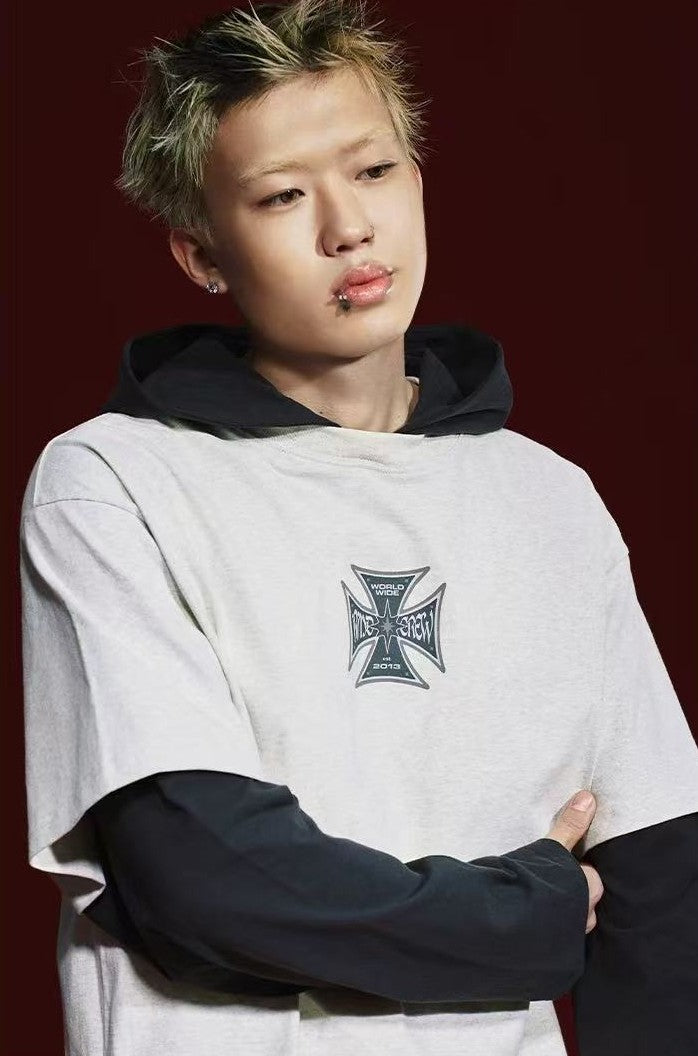 REMEDY Retro Fake Two-piece Hooded Long-sleeved T-shirt