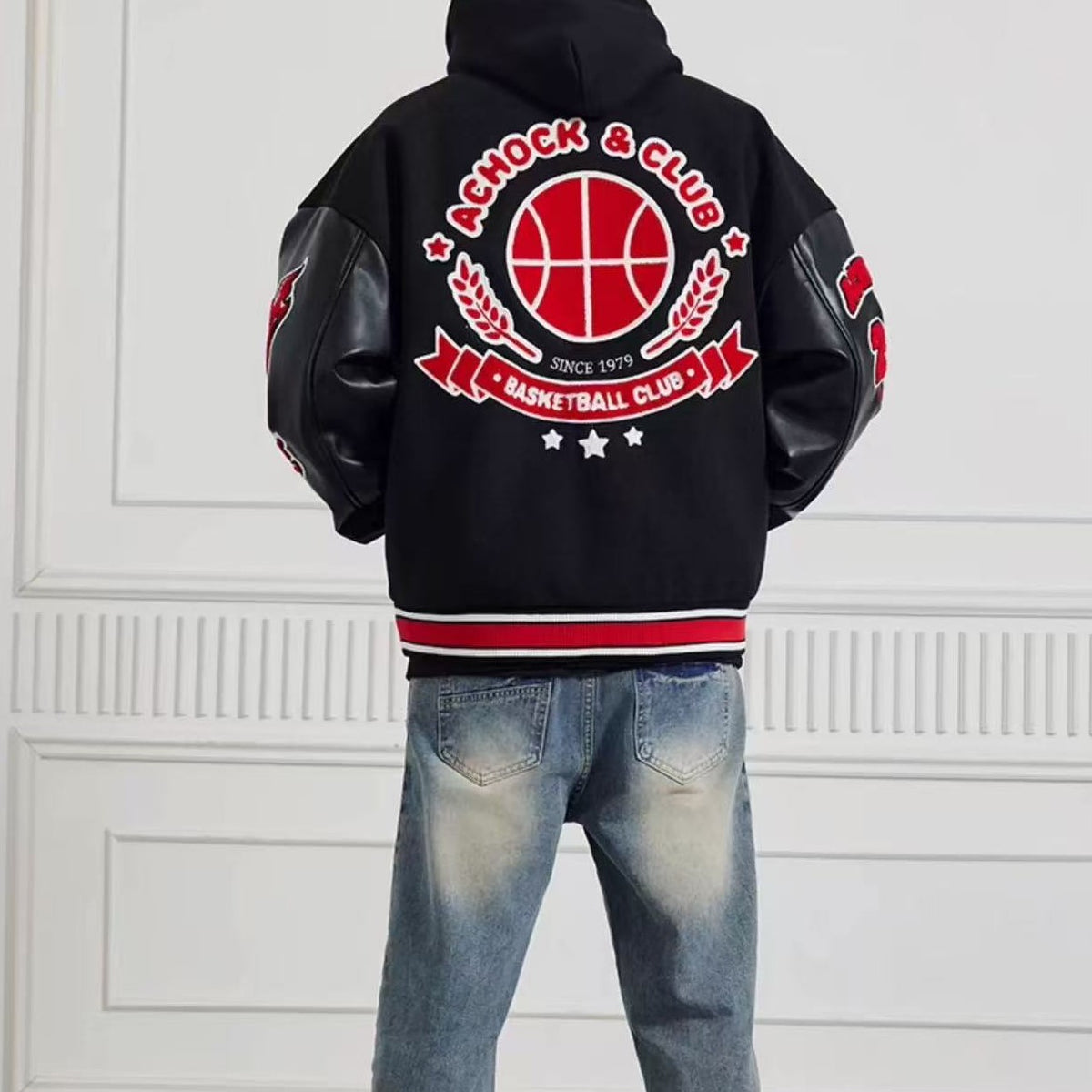 ACHOCK Retro Stitching Flocked Embroidery Varsity Jacket
