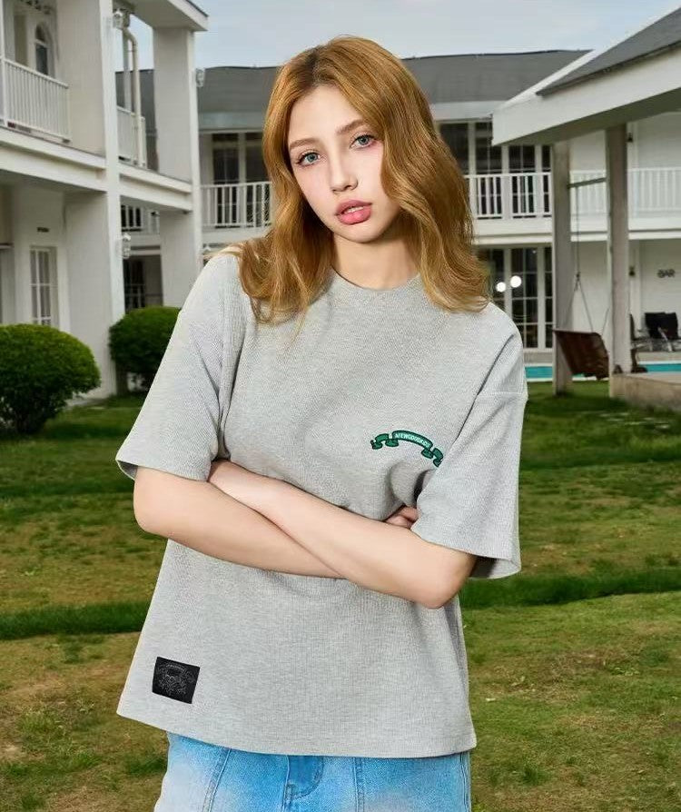 AFGK Waffle Ribbon Embroidered Short-sleeves T-shirt