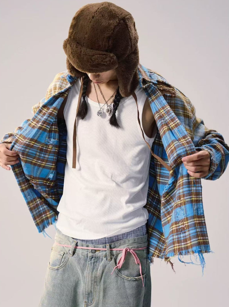 REMEDY Distressed Plaid Long-sleeve Shirt