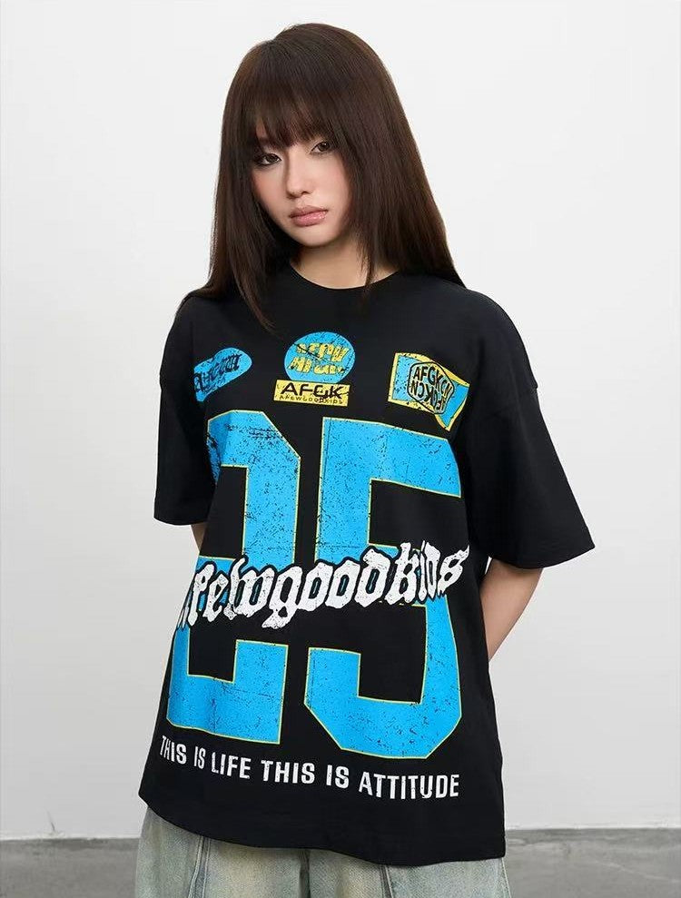 AFGK Retro Distressed Logo Print Short-sleeved T-shirt