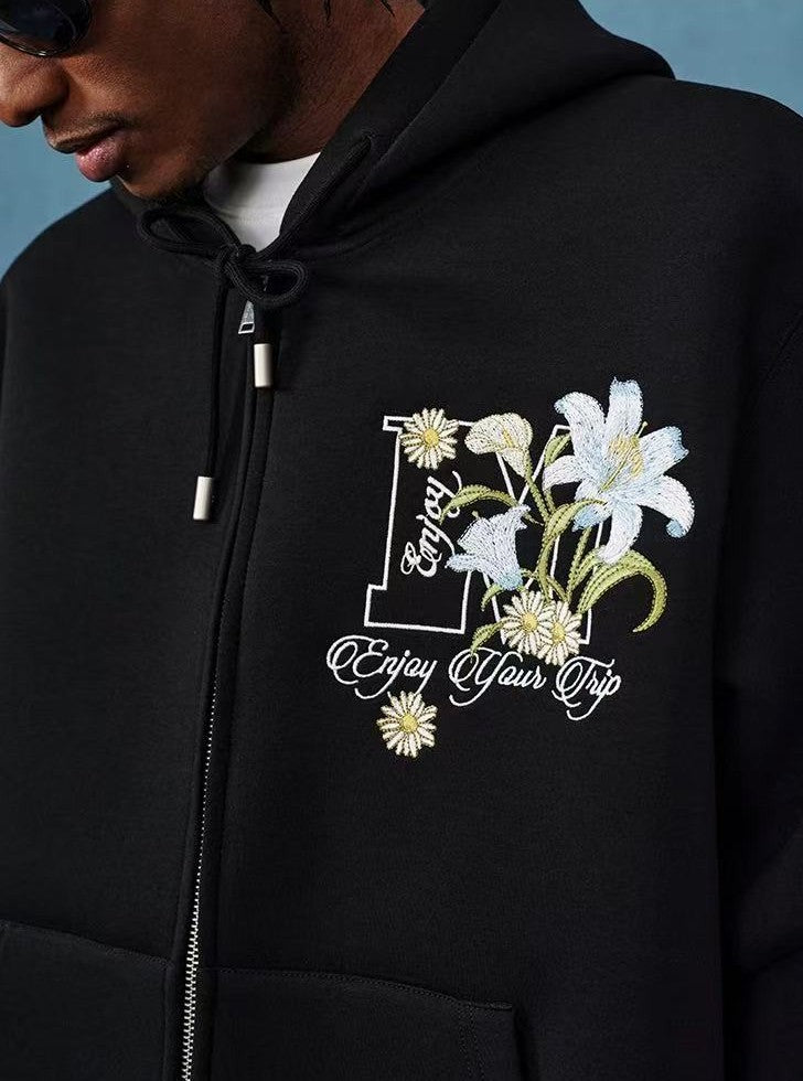 MEDM Floral Air Layer Embroidered Zip Hoodie