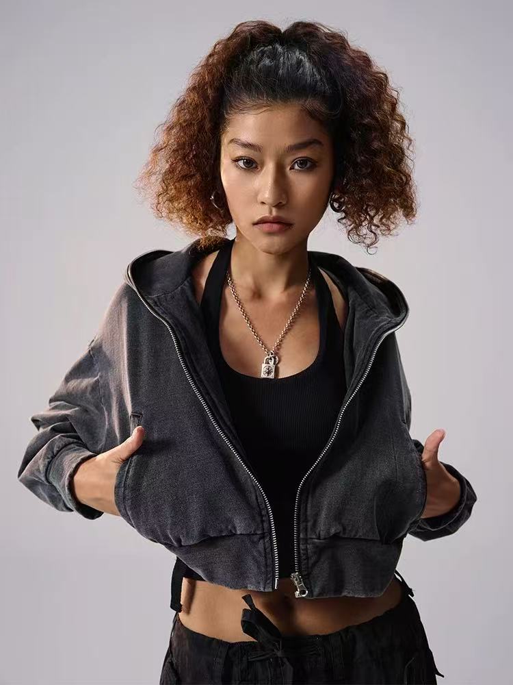 REMEDY Retro Distressed Washed Denim Backpack Hooded Jacket (For Women)