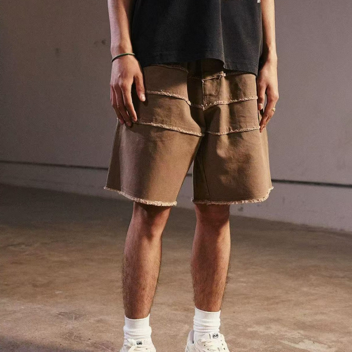 REMEDY Destroyed Fringe Paneled Denim Shorts