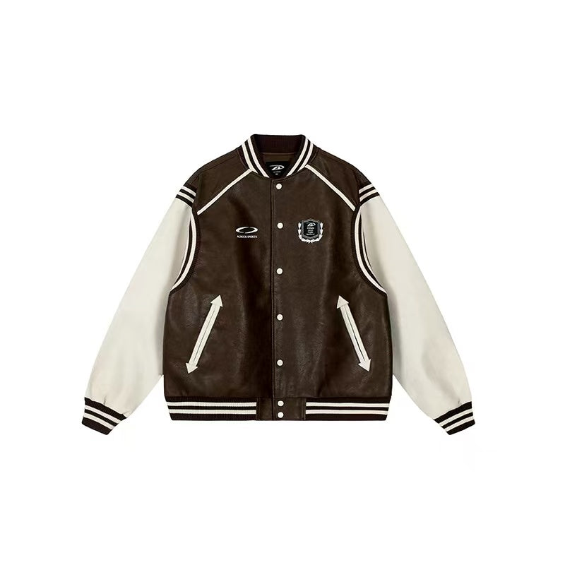 ACHOCK Logo Embroidered Retro Color Block Baseball Leather Jacket