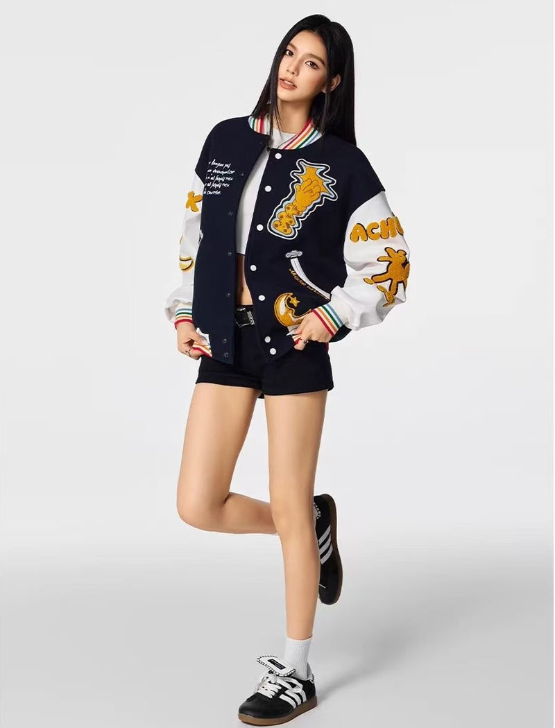 ACHOCK Crescent Bear Embroidered Baseball Jacket