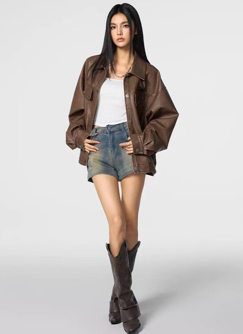 ACHOCK Vintage Washed Lapel Leather Jacket