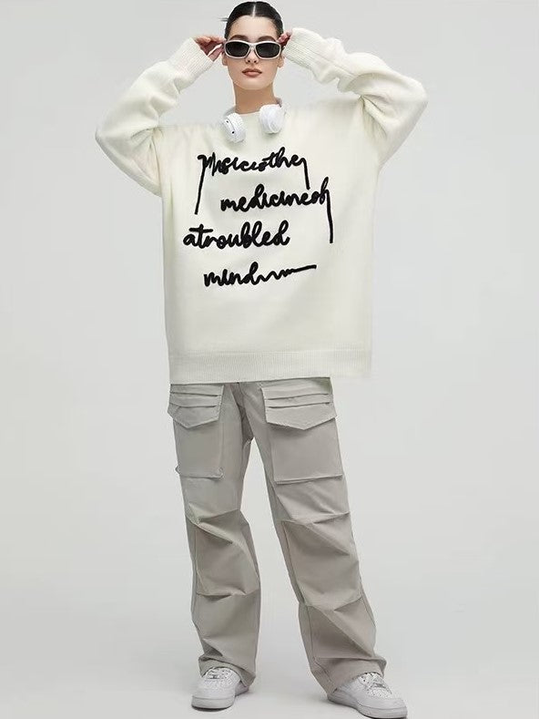 ACHOCK Embroidered Monogram Letter Pullover Sweater