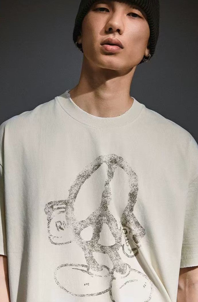 REMEDY Peace Cartoon Print Distressed Short-sleeve T-shirt