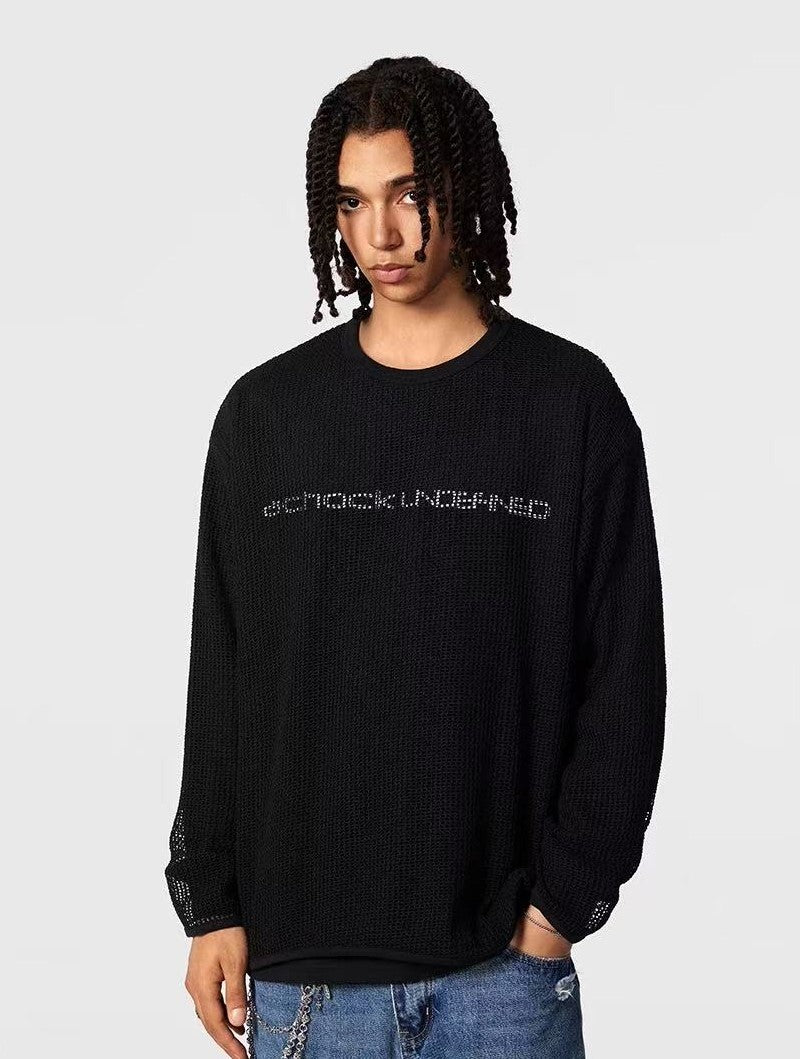 ACHOCK Fake Two-piece Heavy-duty Hollow Printed Long-sleeved T-shirt