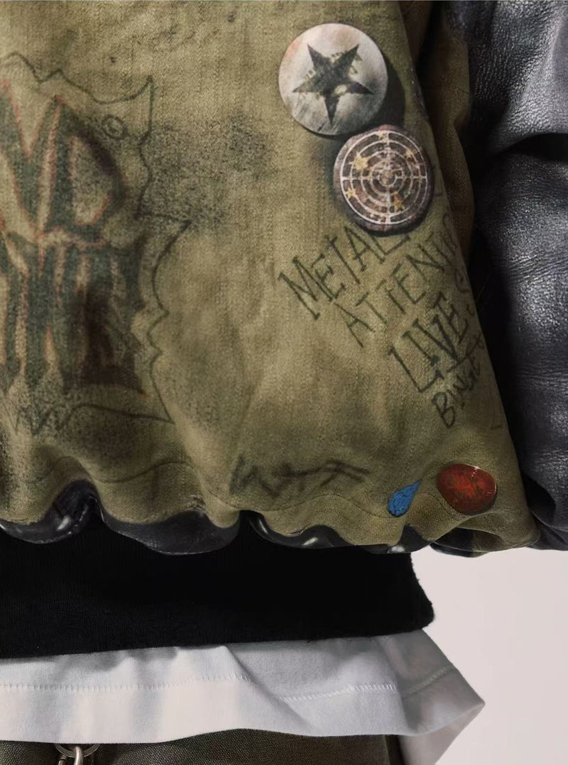 REMEDY Washed Printed Patchwork Bomber Jacket