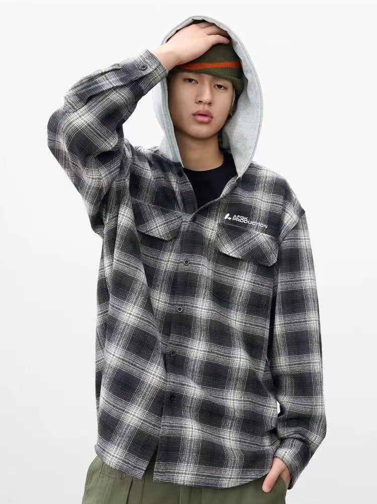 AFGK Vintage Plaid Hooded Long-sleeved Shirt