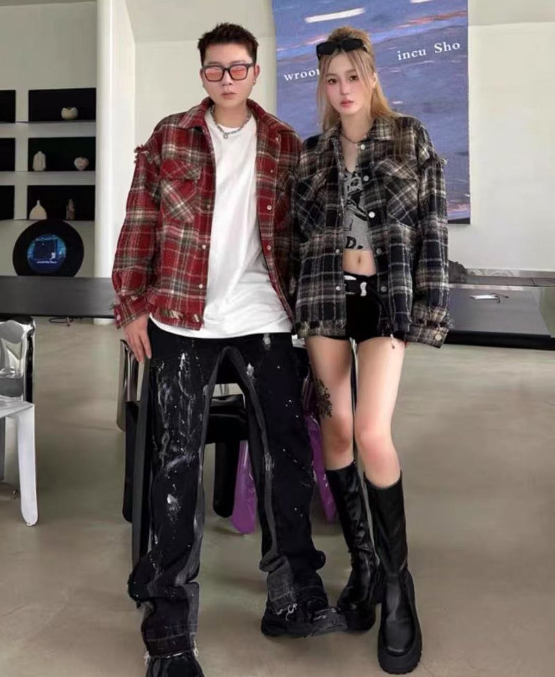 ATRY Washed Distressed Vintage Plaid Raw Edge Jacket