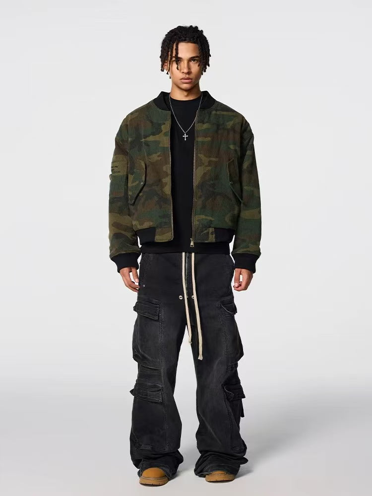 ACHOCK Washed Distressed Camouflage Cotton Bomber Jacket