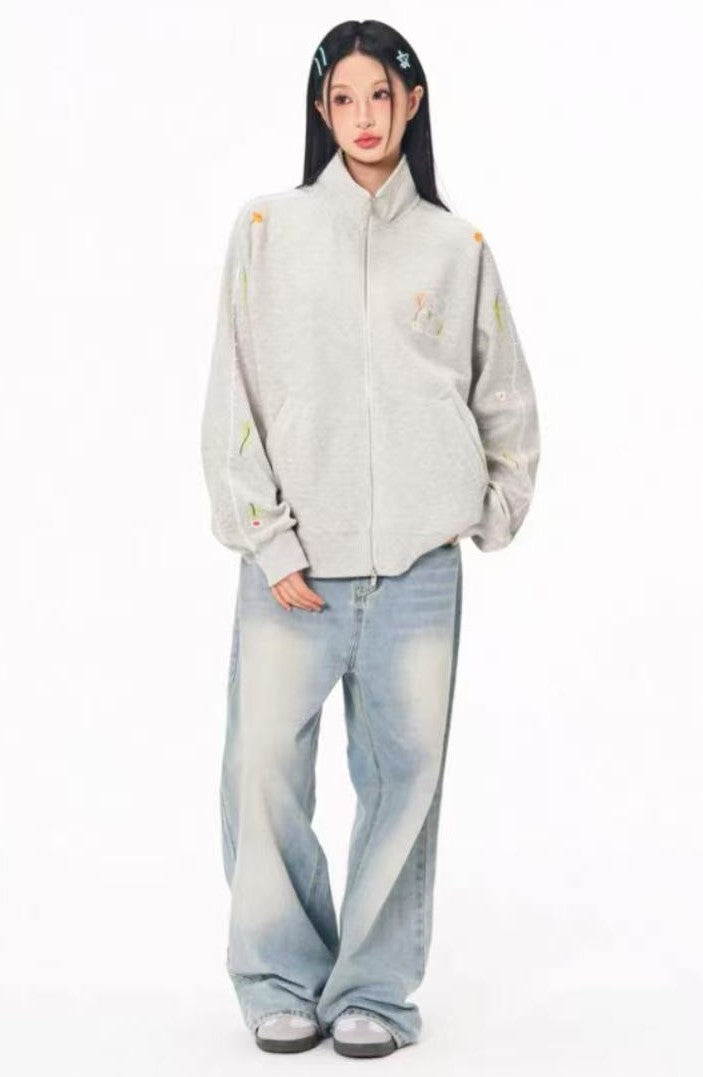BIPOLAR Floral Embroidered Zipper Sweatshirt