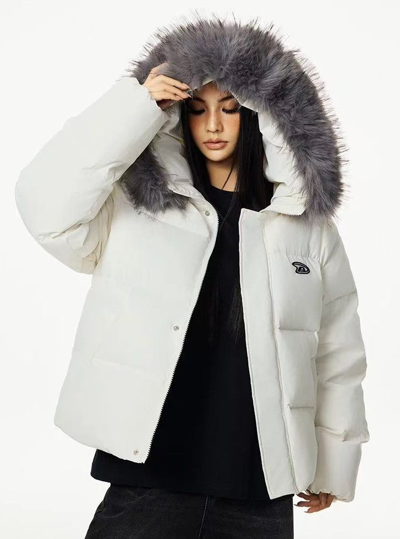 ACHOCK Logo Print Fur Collar Hooded Down Jacket