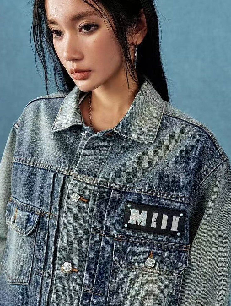 MEDM Leather Patch Distressed Washed Denim Jacket
