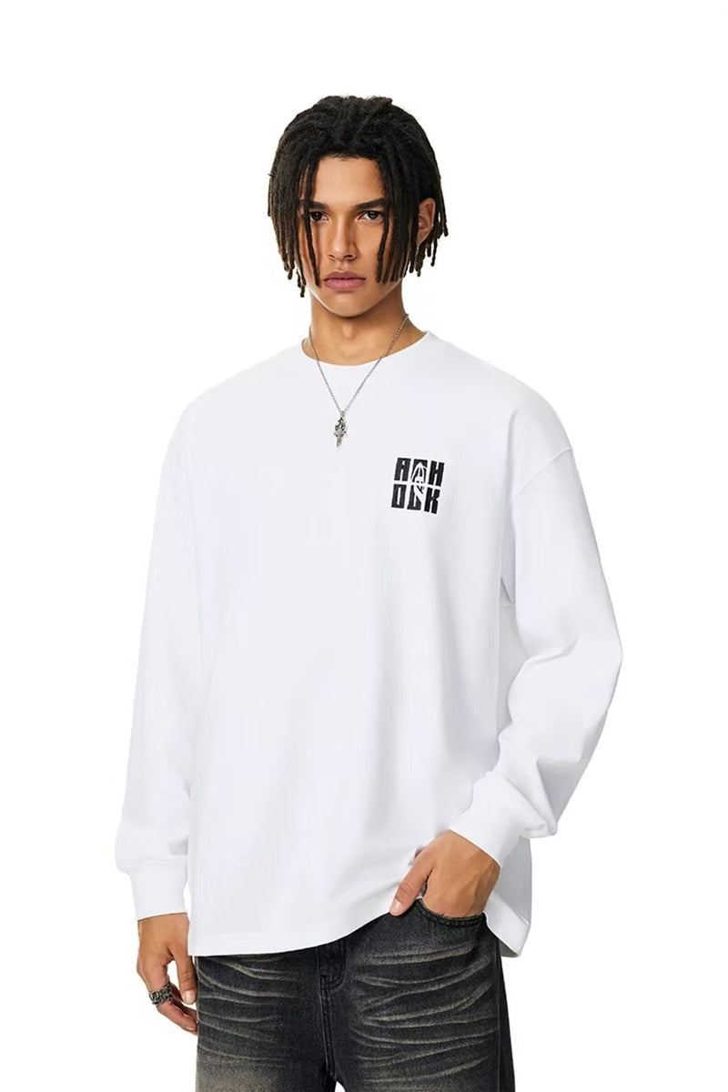 ACHOCK Basic Loose Logo Print Long-sleeved T-shirt
