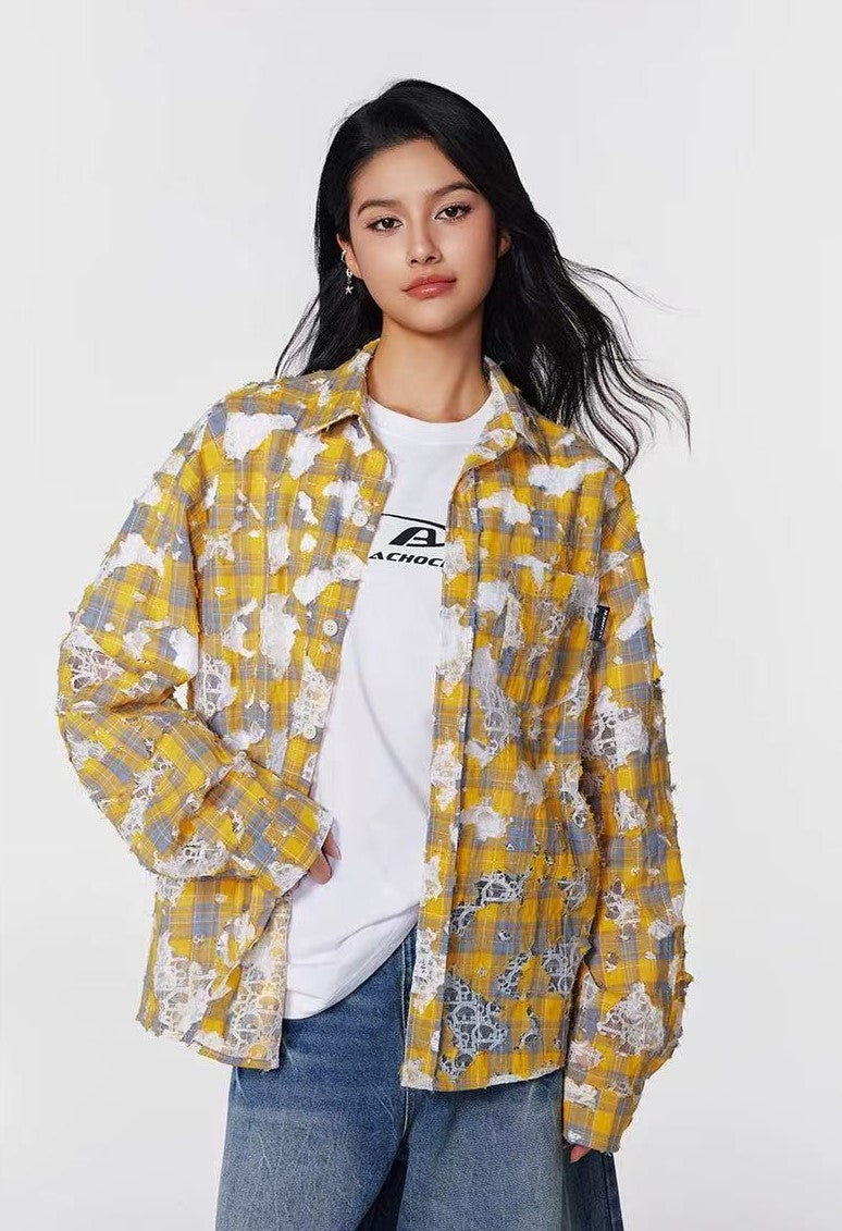 ACHOCK  Lace Lapel Plaid Long-sleeve Shirt