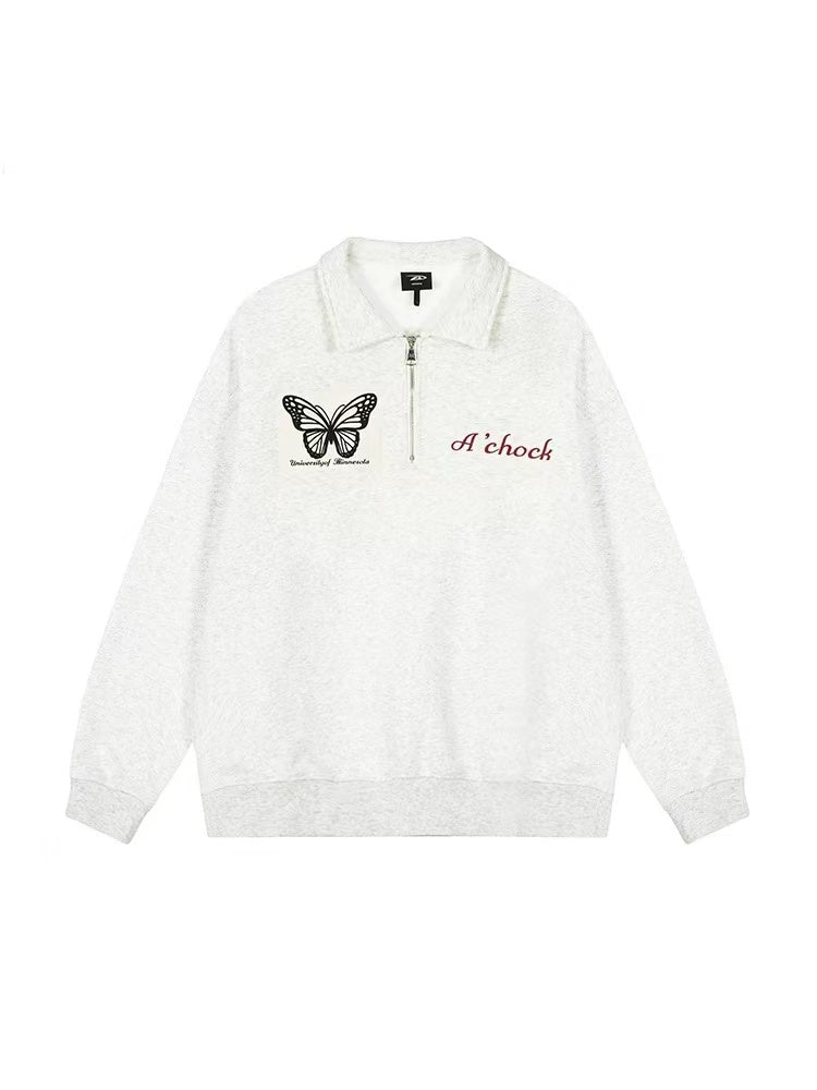 ACHOCK Heavy Butterfly Patch Embroidered Zipper Sweatshirt