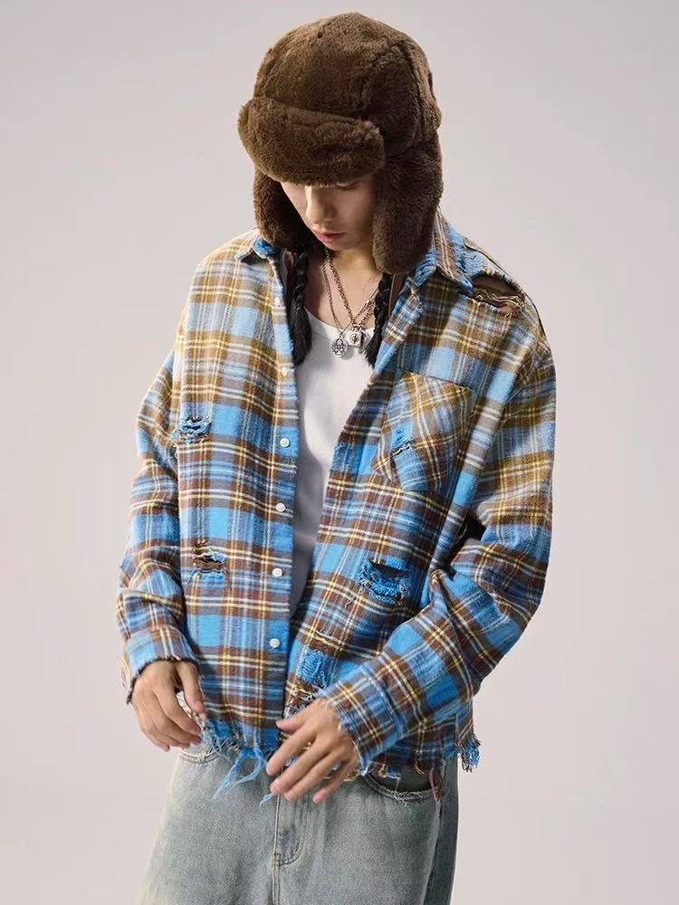 REMEDY Distressed Plaid Long-sleeve Shirt