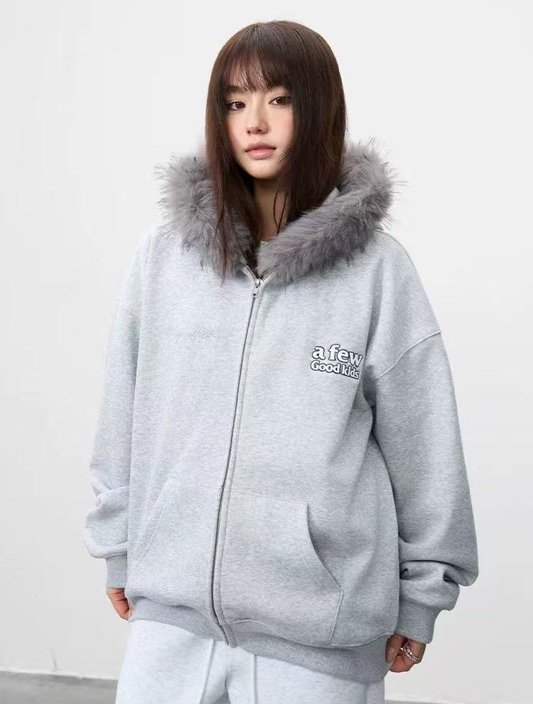 AFGK Retro Fur Collar Embroidered Hooded Cardigan Sweatshirt